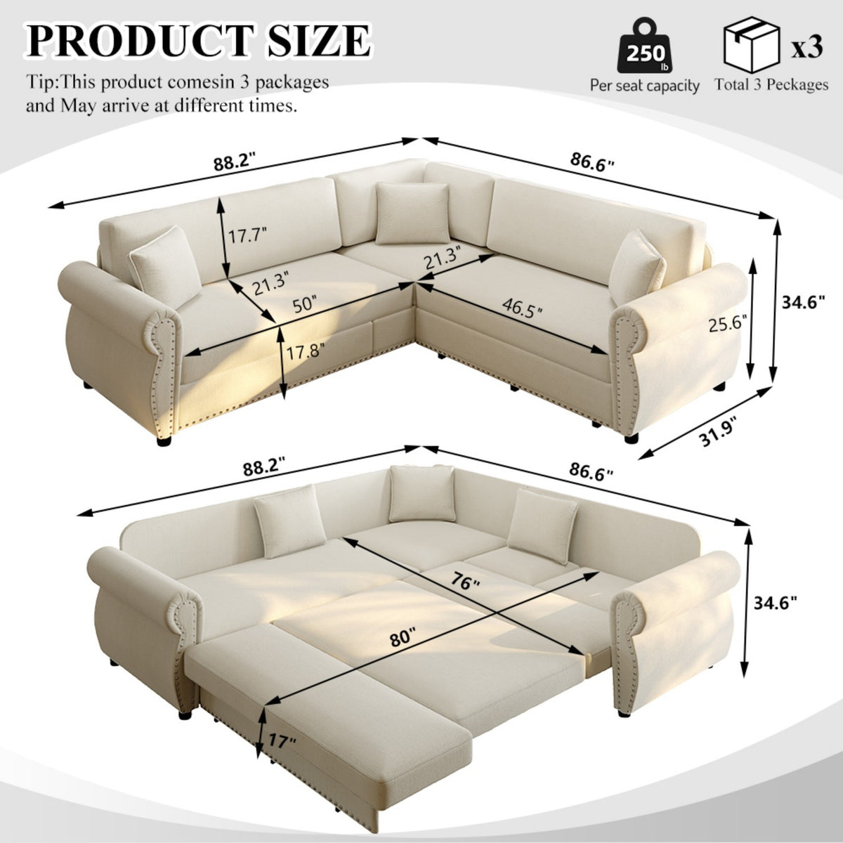 88.2" L-Shaped Chenille Sectional Sofa with Pull-Out Bed & Rolled Arm
