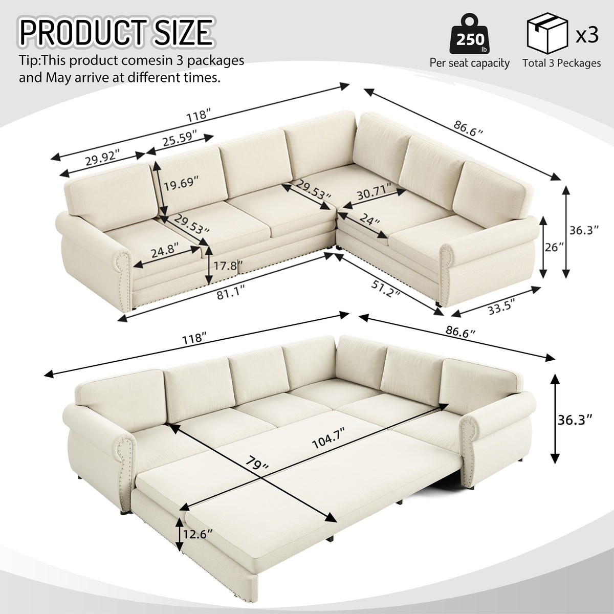 L-Shaped Chenille Sectional Sofa with Pull-Out Bed & Rolled Arm