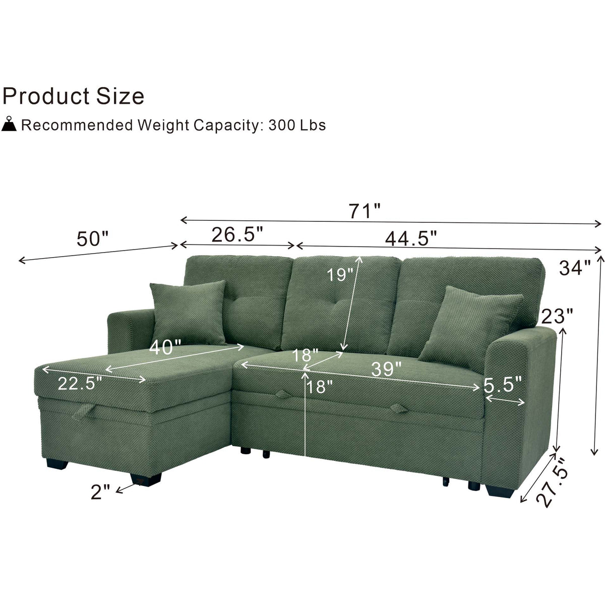 Convertible Sofa Bed with Reversible Chaise, Storage & Breathable Fabric