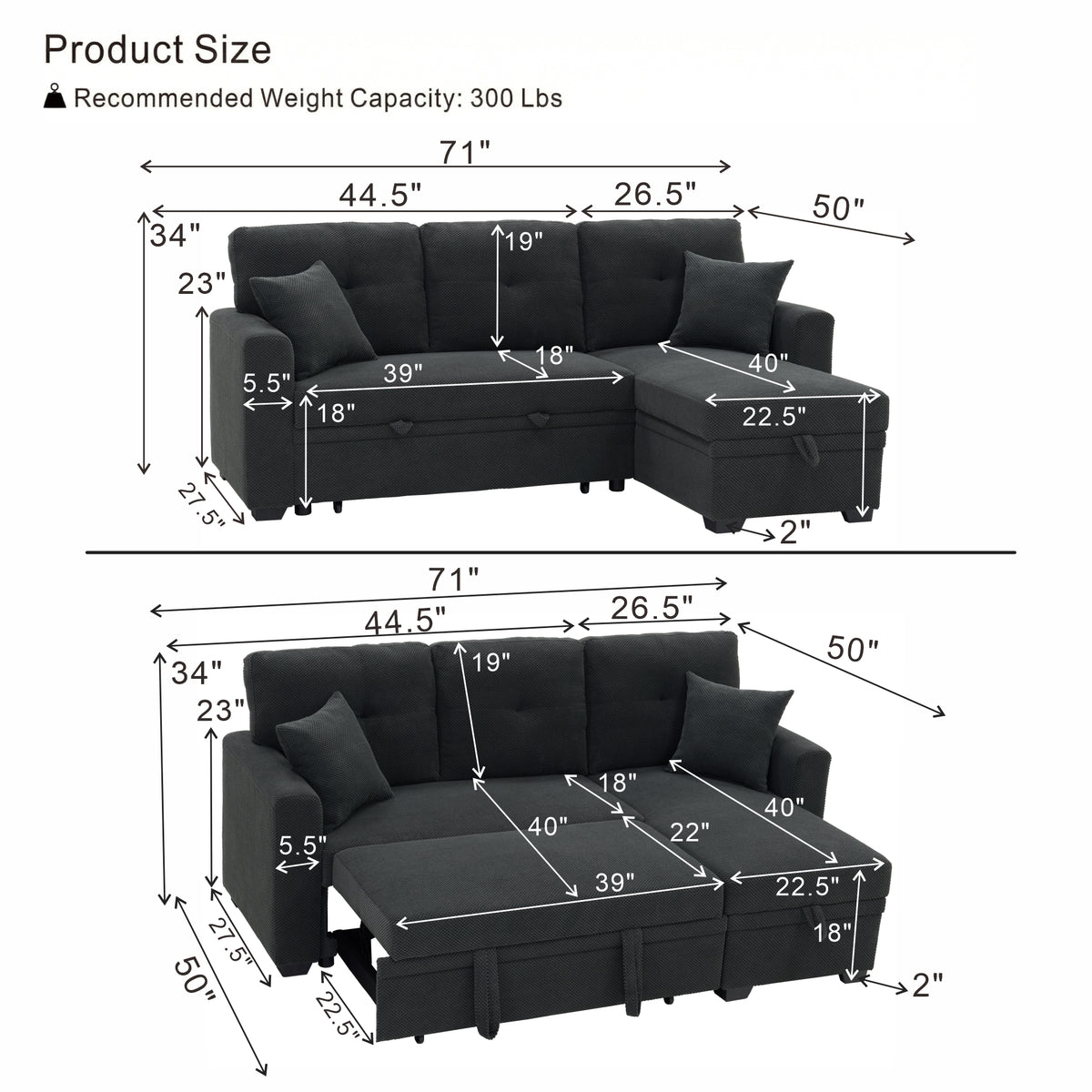 Convertible Sofa Bed with Reversible Chaise, Storage & Breathable Fabric