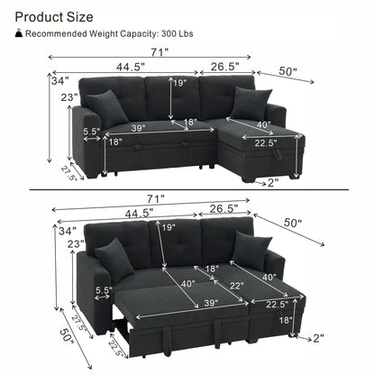 Convertible Sofa Bed with Reversible Chaise, Storage & Breathable Fabric