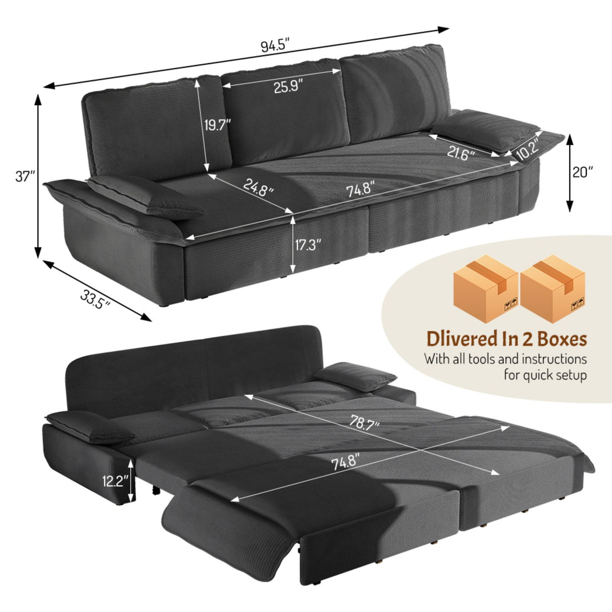 94.5" 3-in-1 Corduroy Queen Pull-Out Sofa Bed