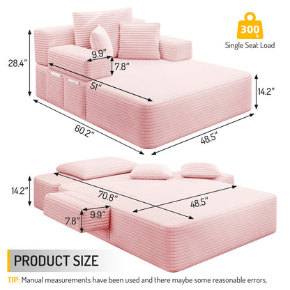 Oversized Plush Corduroy Chaise Lounge Sofa, Convertible Sleeper Couch Bed with Storage Pockets & 3 Pillows