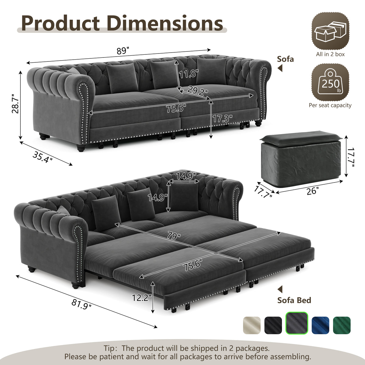 89" 3-Seater Velvet Chesterfield Sofa Bed with Movable Ottoman