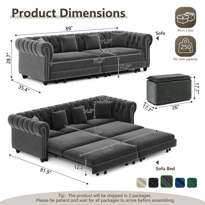 89" 3-Seater Velvet Chesterfield Sofa Bed with Movable Ottoman
