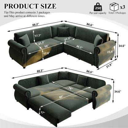 88.2" L-Shaped Chenille Sectional Sofa with Pull-Out Bed & Rolled Arm