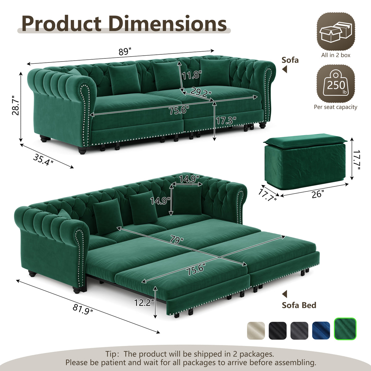 89" 3-Seater Velvet Chesterfield Sofa Bed with Movable Ottoman