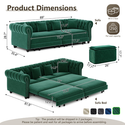 89" 3-Seater Velvet Chesterfield Sofa Bed with Movable Ottoman