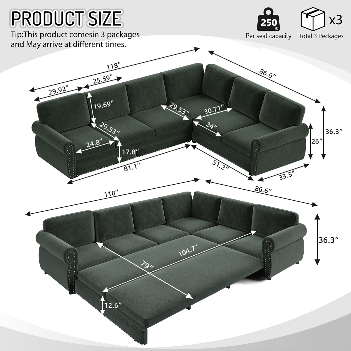 118" Oversized Convertible Sleeper Sofa with Nailhead Trim, L-Shaped Couch