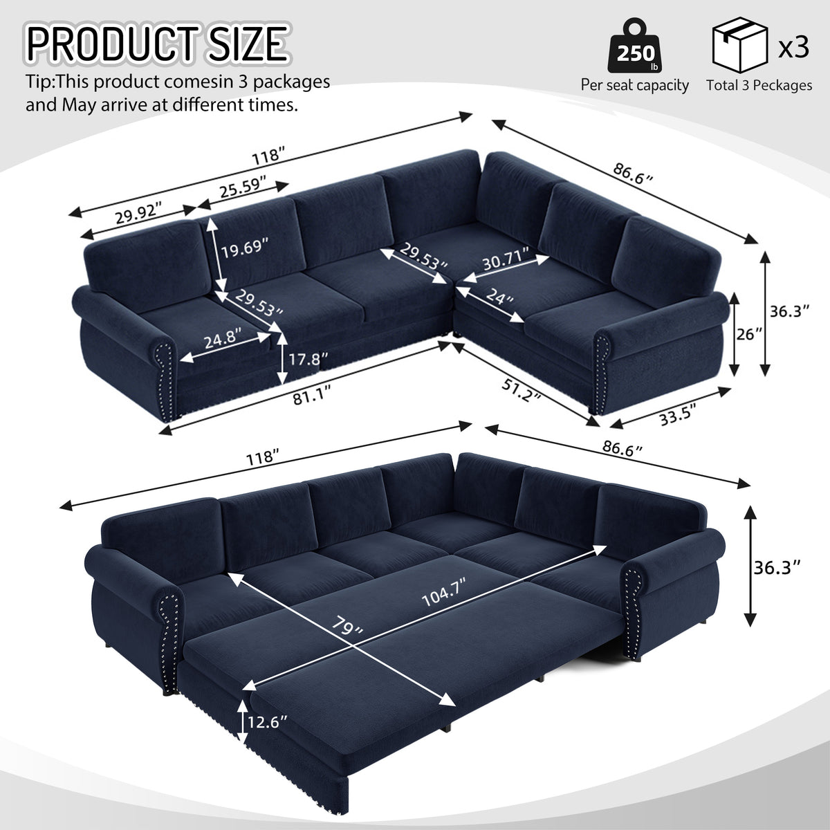 118" Oversized Convertible Sleeper Sofa with Nailhead Trim, L-Shaped Couch