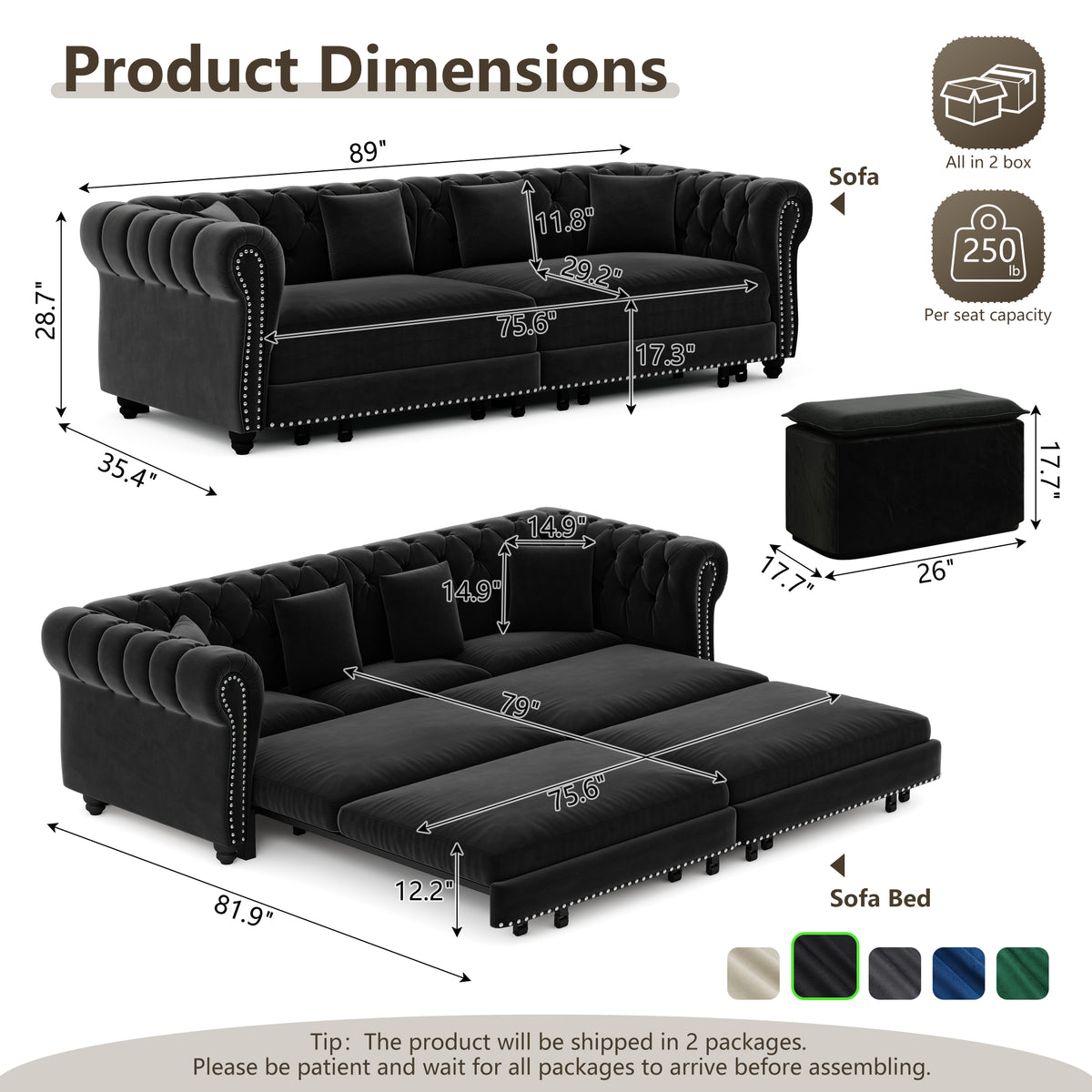 89" 3-Seater Velvet Chesterfield Sofa Bed with Movable Ottoman