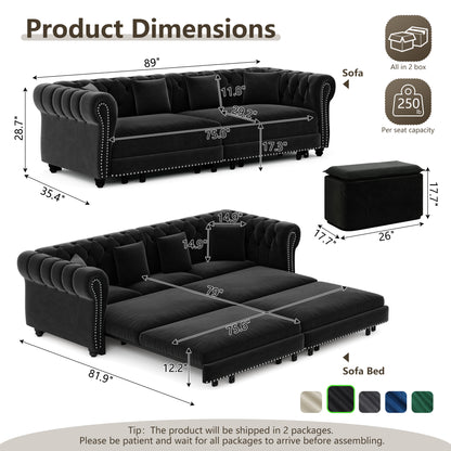 89" 3-Seater Velvet Chesterfield Sofa Bed with Movable Ottoman