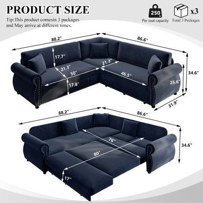 88.2" L-Shaped Chenille Sectional Sofa with Pull-Out Bed & Rolled Arm