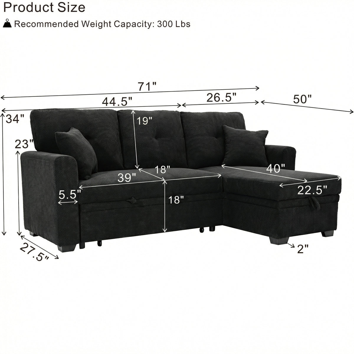 Convertible Sofa Bed with Reversible Chaise, Storage & Breathable Fabric