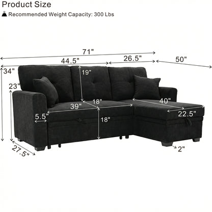 Convertible Sofa Bed with Reversible Chaise, Storage & Breathable Fabric