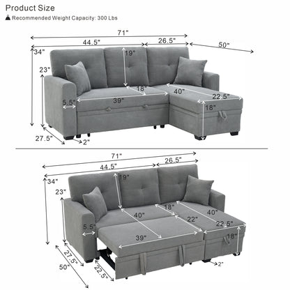 Convertible Sofa Bed with Reversible Chaise, Storage & Breathable Fabric