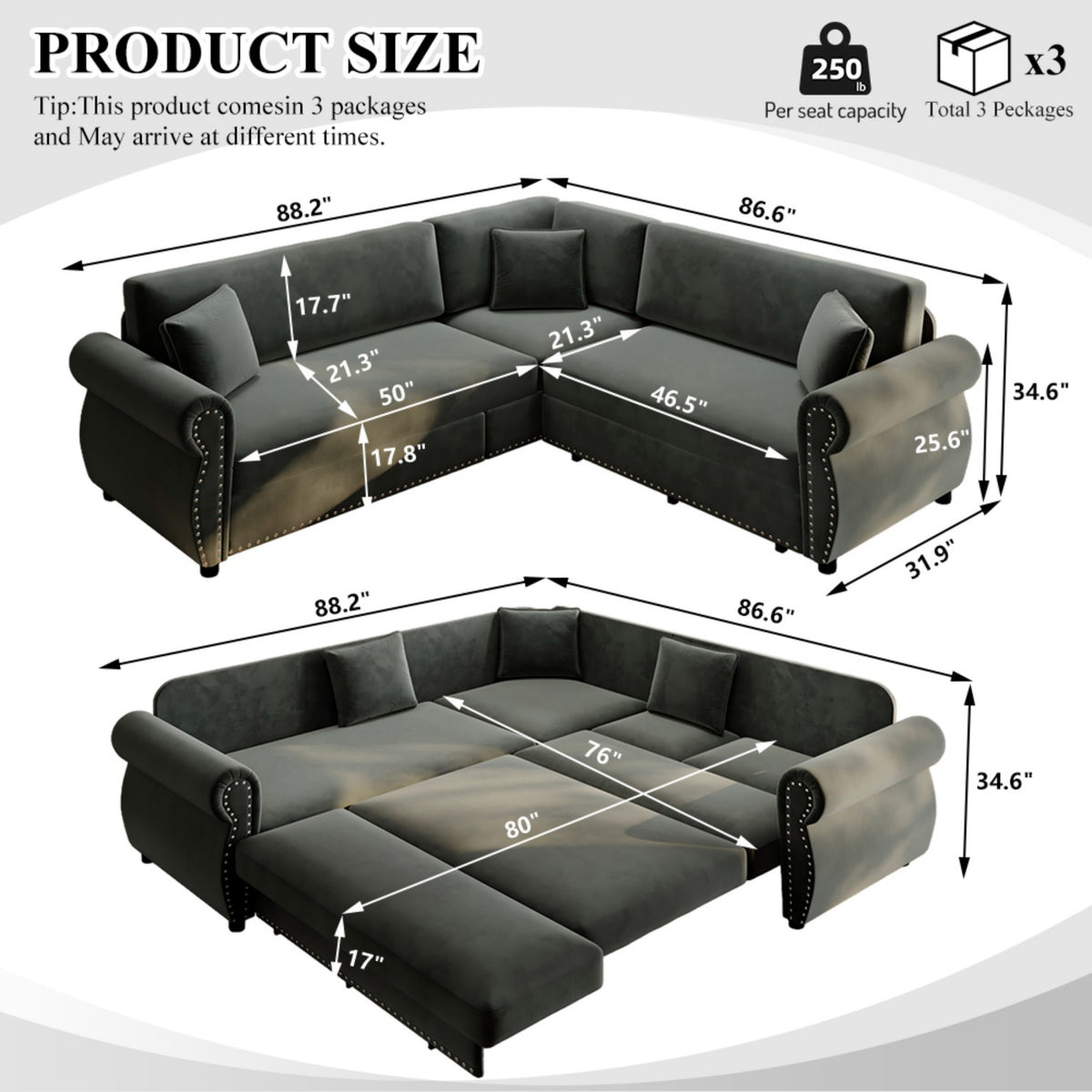 88.2" L-Shaped Chenille Sectional Sofa with Pull-Out Bed & Rolled Arm