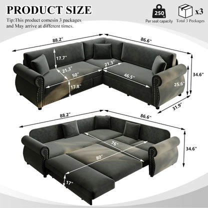 88.2" L-Shaped Chenille Sectional Sofa with Pull-Out Bed & Rolled Arm