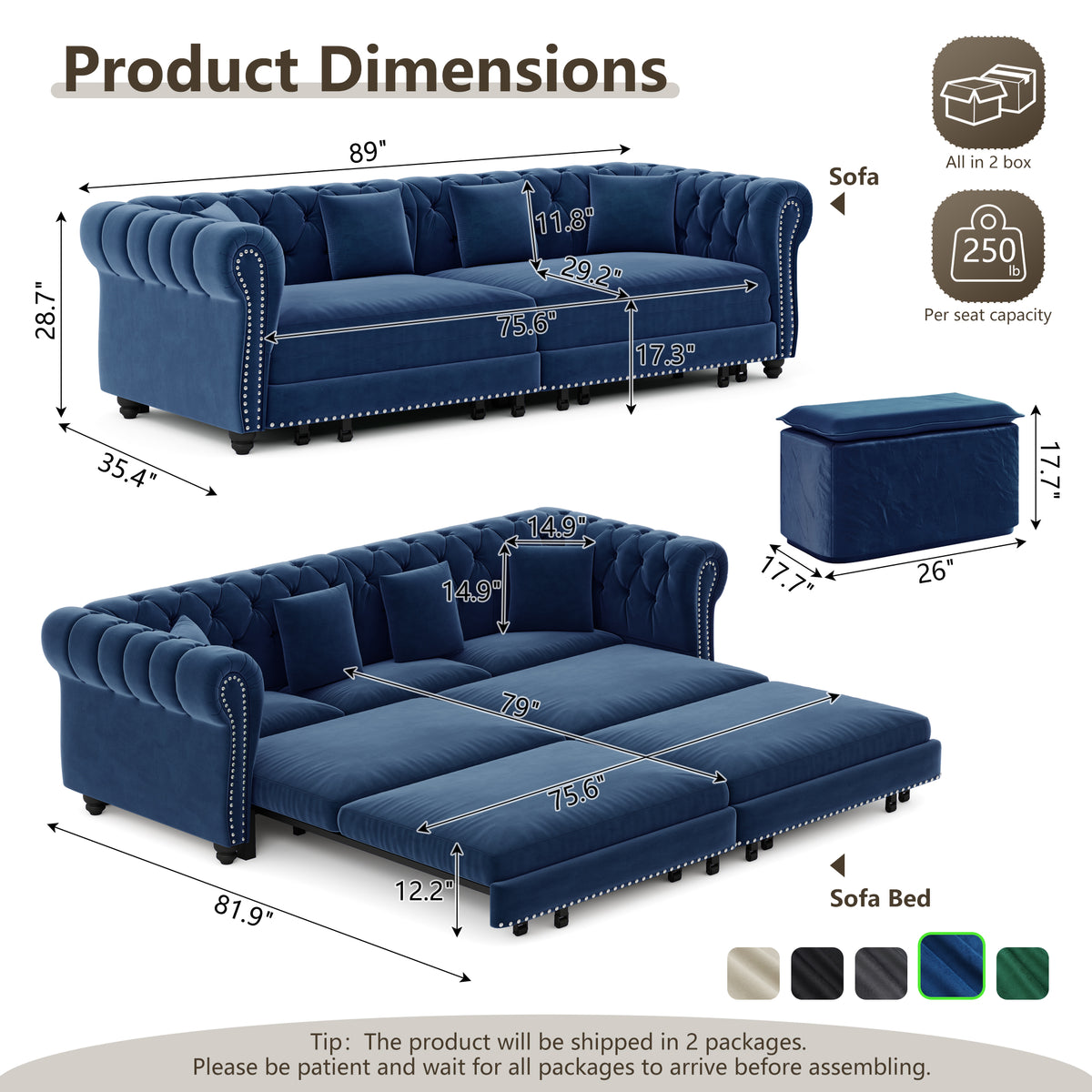 89" 3-Seater Velvet Chesterfield Sofa Bed with Movable Ottoman