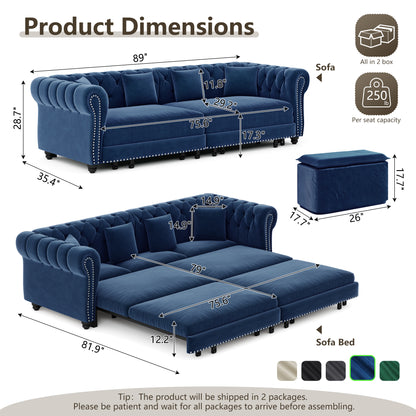 89" 3-Seater Velvet Chesterfield Sofa Bed with Movable Ottoman
