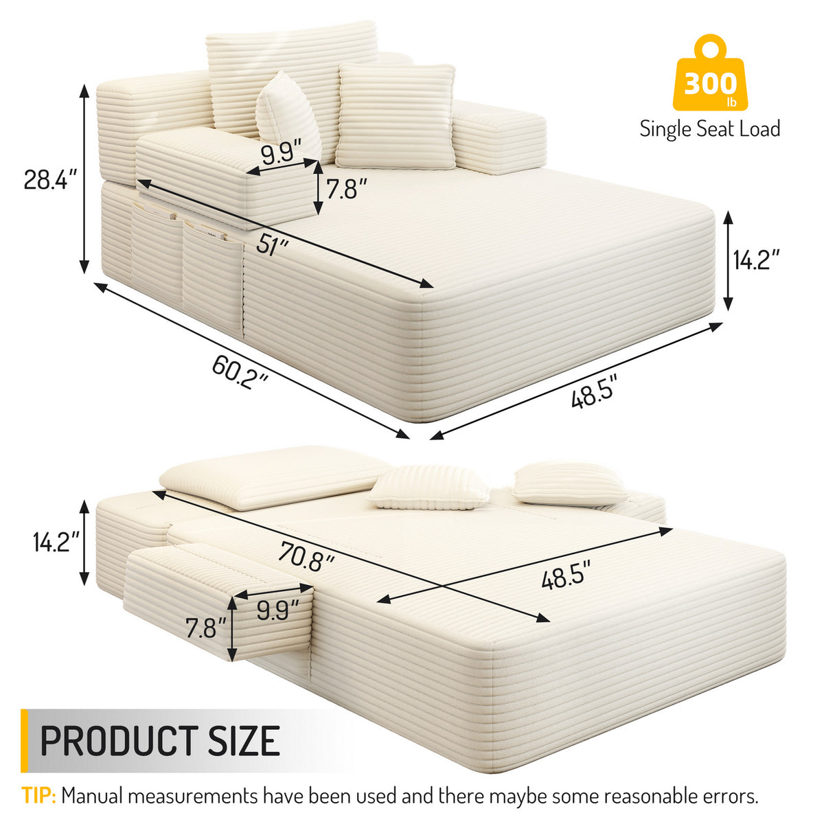 Oversized Plush Corduroy Chaise Lounge Sofa, Convertible Sleeper Couch Bed with Storage Pockets & 3 Pillows
