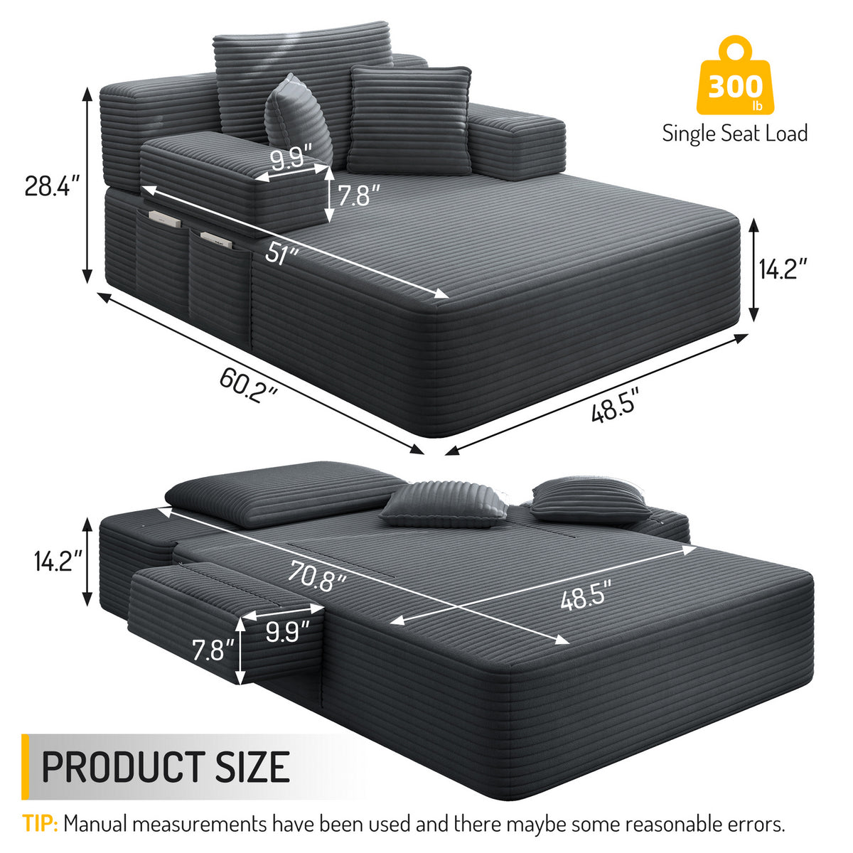 Oversized Plush Corduroy Chaise Lounge Sofa, Convertible Sleeper Couch Bed with Storage Pockets & 3 Pillows