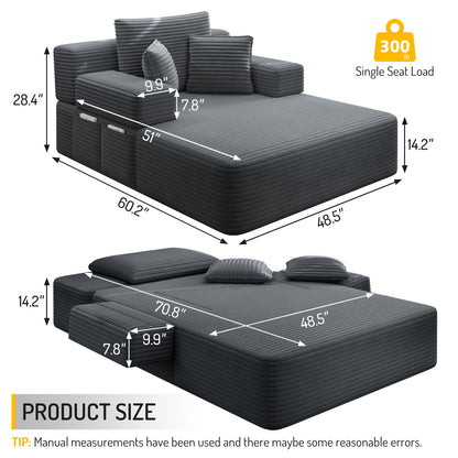 Oversized Plush Corduroy Chaise Lounge Sofa, Convertible Sleeper Couch Bed with Storage Pockets & 3 Pillows